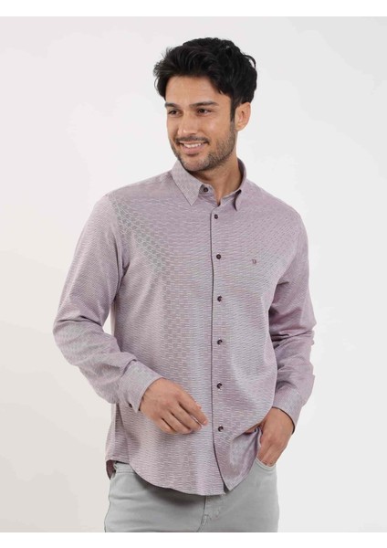 Bordo Erkek Regular Fit Armürlü Düğmeli Yaka Uzun Kol Gömlek - 98964