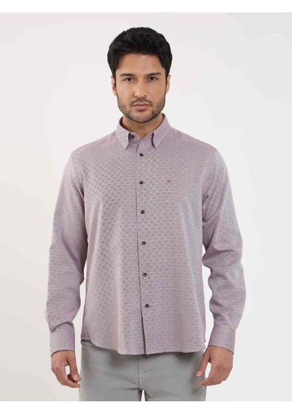 Bordo Erkek Regular Fit Armürlü Düğmeli Yaka Uzun Kol Gömlek - 98964 fiyatları