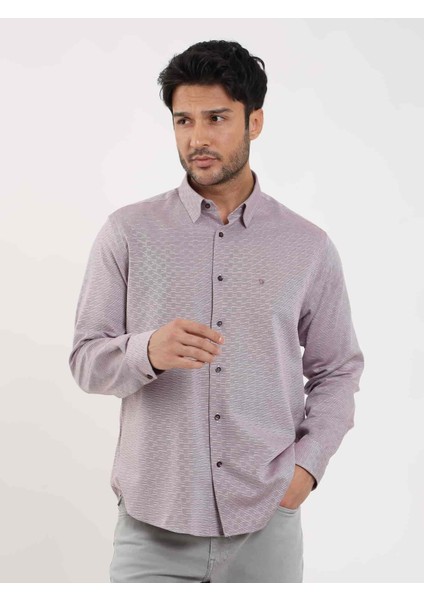 Bordo Erkek Regular Fit Armürlü Düğmeli Yaka Uzun Kol Gömlek - 98964 modelleri