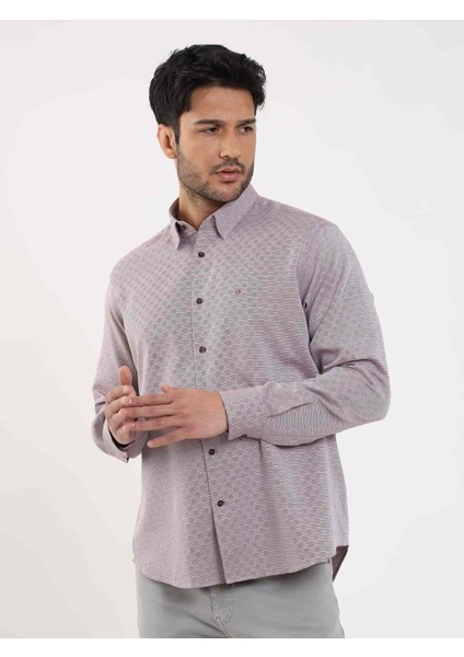 Bordo Erkek Regular Fit Armürlü Düğmeli Yaka Uzun Kol Gömlek - 98964 fırsatları