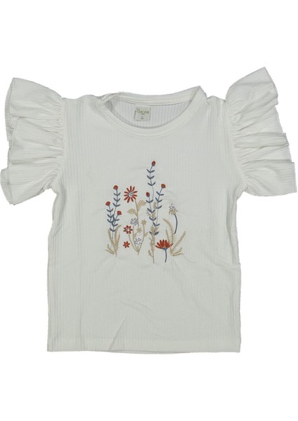 Kız Çocuk Beyaz Pullu Çicek Nakışlı Kısa Kollu Tişört