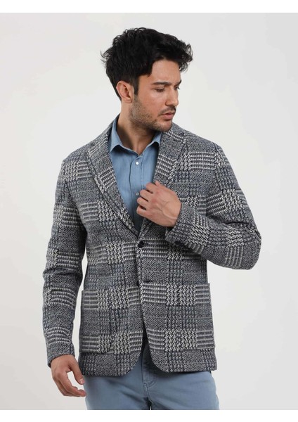 Lacivert Erkek Slim Fit Jakarlı Casual Mono Yaka Ceket
