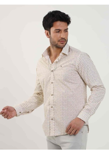 Bej Erkek Slim Fit Kareli Brent Yaka Uzun Kol Gömlek - 102409 modelleri