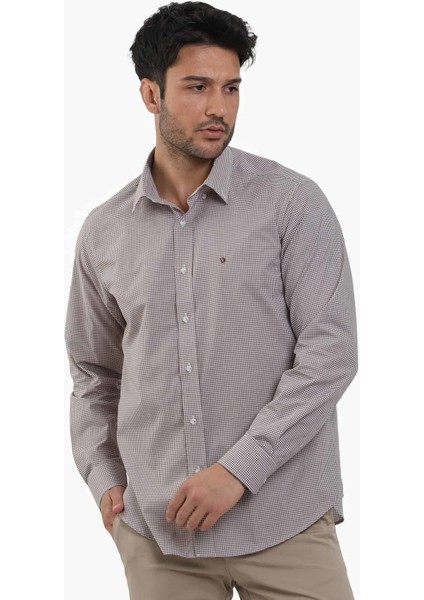 Kahverengi Erkek Regular Fit Pitikare Desenli Düğmeli Yaka Uzun Kol Gömlek - 98369