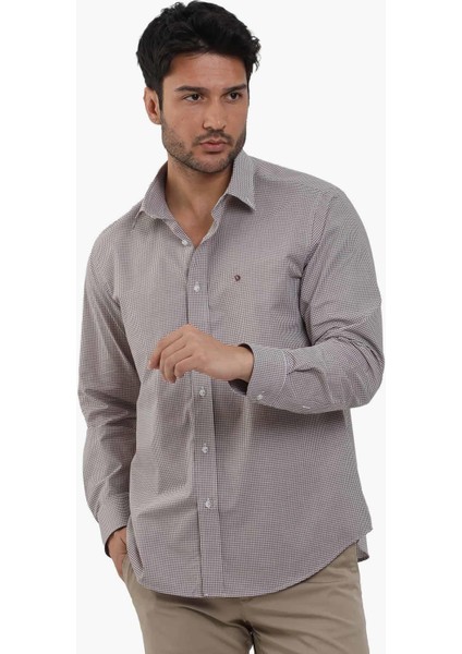 Kahverengi Erkek Regular Fit Pitikare Desenli Düğmeli Yaka Uzun Kol Gömlek - 98369 modelleri