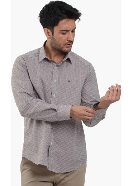 Kahverengi Erkek Regular Fit Pitikare Desenli Düğmeli Yaka Uzun Kol Gömlek - 98369 fırsatları
