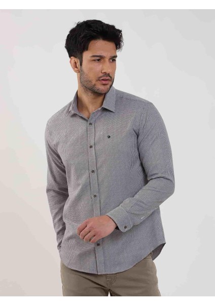 Kahverengi Erkek Slim Fit Kareli Brent Yaka Uzun Kol Gömlek - 100239