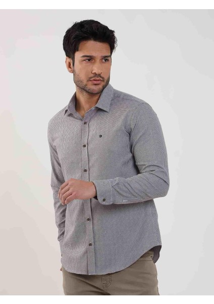 Kahverengi Erkek Slim Fit Kareli Brent Yaka Uzun Kol Gömlek - 100239 fırsatları