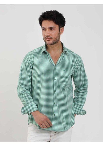 Yeşil Erkek Regular Fit Kareli Brent Düğmeli Yaka Uzun Kol Gömlek - 102289