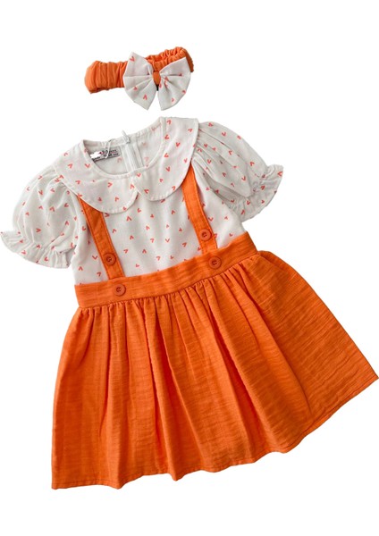 Kalp Baskılı Müslin Kız Çocuk Elnise ve bandana - Turuncu modelleri