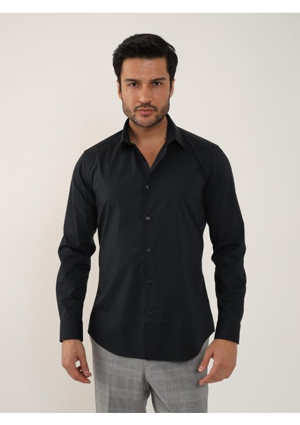 Siyah Erkek Slim Fit Klasik Uzun Kol Gömlek - 88359 modelleri