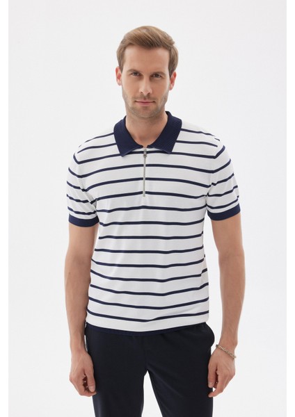 Lımıted Erkek Çizgili Polo Yaka Rayon Triko Tişört Lacivert