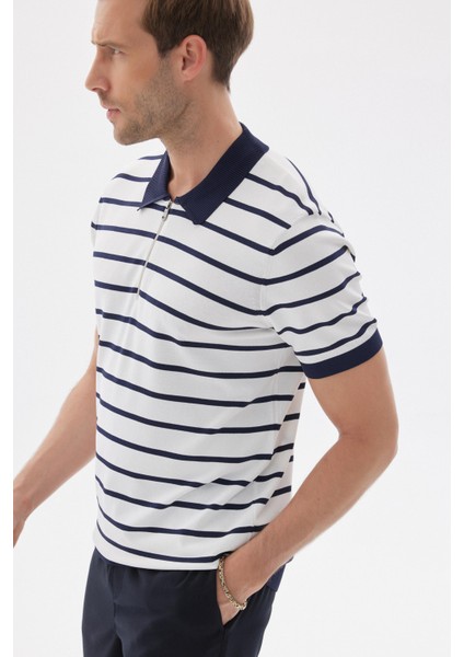 Lımıted Erkek Çizgili Polo Yaka Rayon Triko Tişört Lacivert