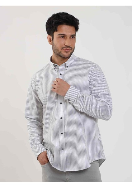 Beyaz Erkek Regular Fit Kareli Düğmeli Yaka Uzun Kol Gömlek - 97901