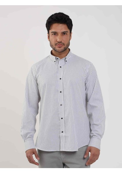 Beyaz Erkek Regular Fit Kareli Düğmeli Yaka Uzun Kol Gömlek - 97901 modelleri