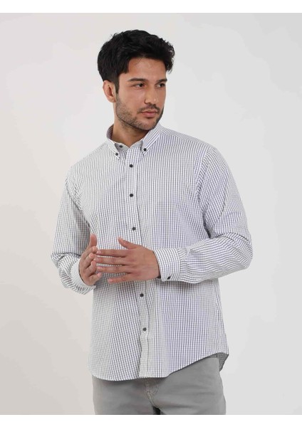 Beyaz Erkek Regular Fit Kareli Düğmeli Yaka Uzun Kol Gömlek - 97901 fırsatları