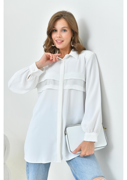 Kadın File Detaylı Gömlek Ekru 30797 modelleri