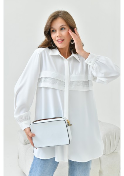 Kadın File Detaylı Gömlek Ekru 30797 fırsatları