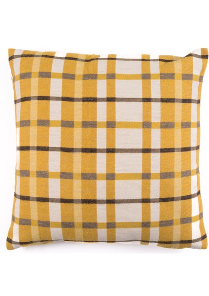 Sarı Ekoseli Yünlü Kumaştan 50x50 Kare Kırlent Kılıfı
