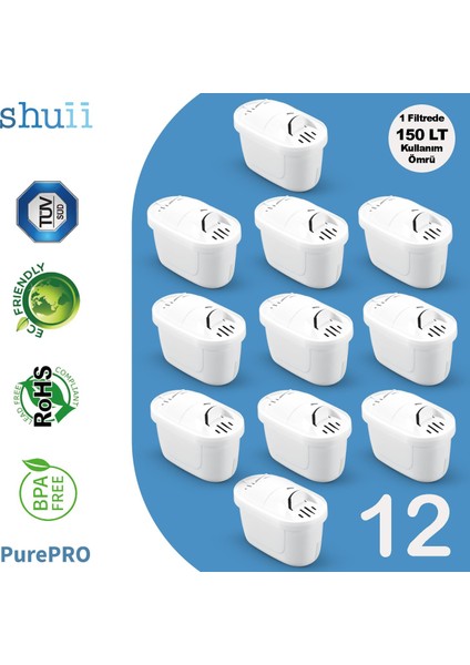 Purepro Su Arıtma Sürahi Filtresi (12 Adet Filtre ) Jugg ve Brita Maxtra+ Pro ile Uyumlu