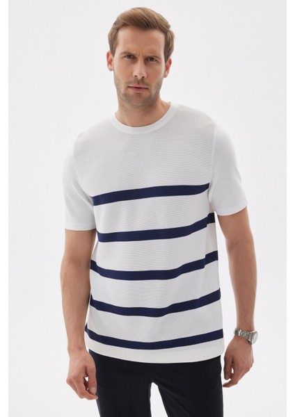 Lımıted Erkek Çizgili Bisiklet Yaka Rayon Triko Tişört Ekru