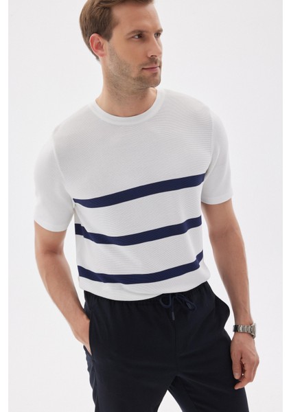 Lımıted Erkek Çizgili Bisiklet Yaka Rayon Triko Tişört Ekru modelleri