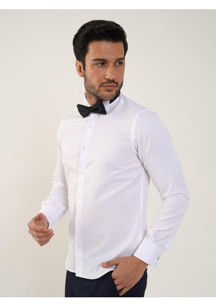 Beyaz Erkek Slim Fit Düz Ata Yaka Uzun Kol Gömlek - 89394