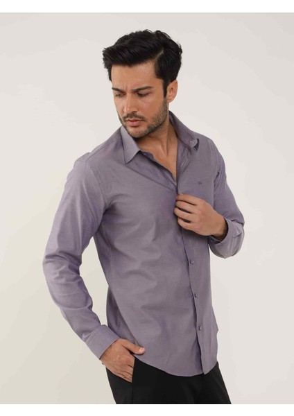 Mor Erkek Slim Fit Düz Brent Düğmeli Yaka Uzun Kol Gömlek - 102459 modelleri