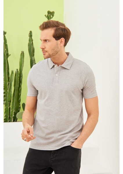 Erkek Basic Polo Yaka Tişört (Regular Fit) Gri indirimleri