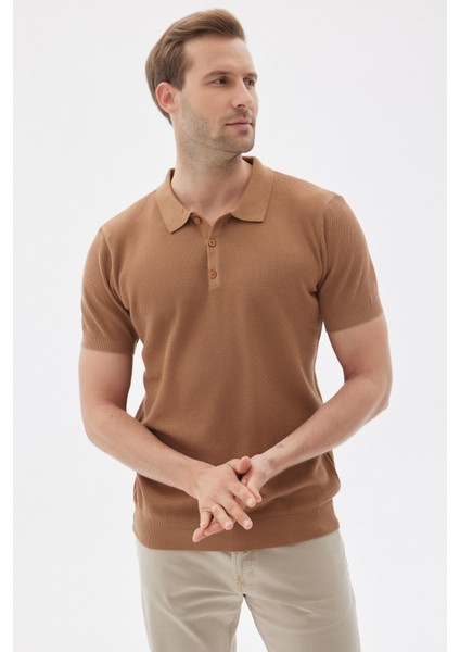 Erkek Polo Yaka Jakarlı Triko T-Shirt Camel