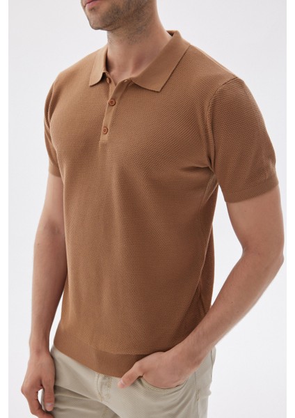 Erkek Polo Yaka Jakarlı Triko T-Shirt Camel