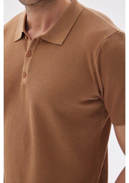 Erkek Polo Yaka Jakarlı Triko T-Shirt Camel