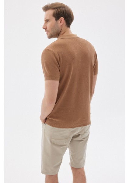 Erkek Polo Yaka Jakarlı Triko T-Shirt Camel