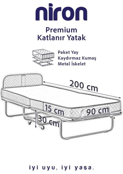 Niron Premium Katlanır Yatak 90X200 cm Paket Yaylı Lüks Yatak ve Kaydırmaz Kumaş Kaplı Karyola