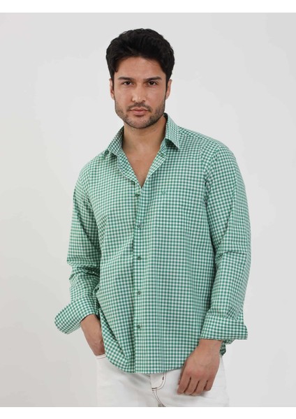 Yeşil Erkek Regular Fit Kareli Brent Düğmeli Yaka Uzun Kol Gömlek - 102289