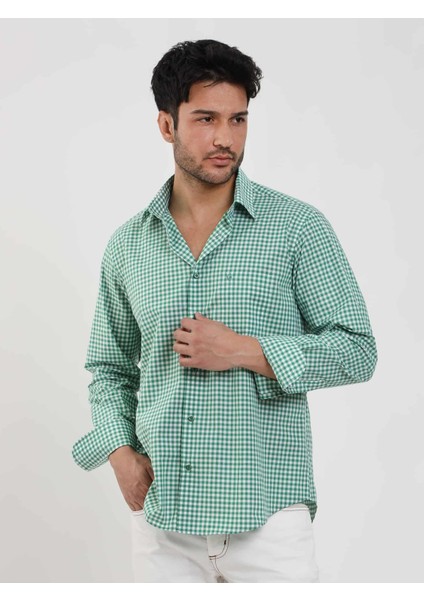Yeşil Erkek Regular Fit Kareli Brent Düğmeli Yaka Uzun Kol Gömlek - 102289 modelleri