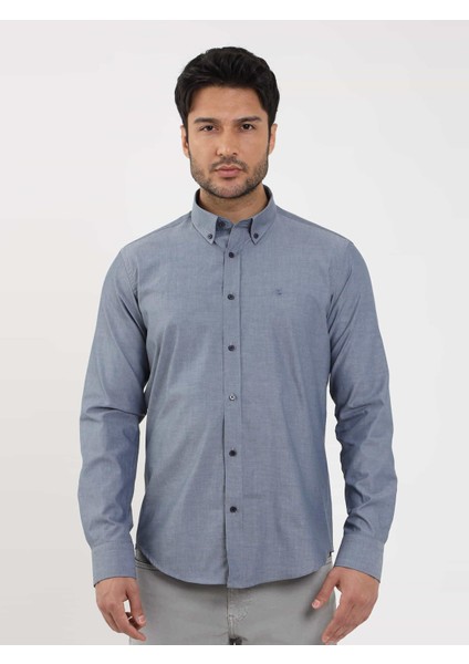 Açık Lacivert Erkek Regular Fit Melanj Desenli Düğmeli Yaka Uzun Kol Gömlek - 95053 fiyatları