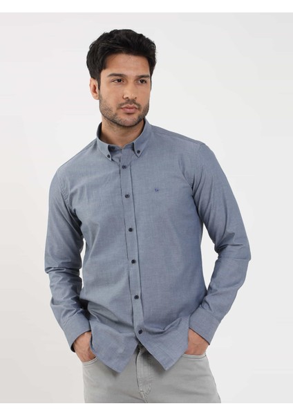 Açık Lacivert Erkek Regular Fit Melanj Desenli Düğmeli Yaka Uzun Kol Gömlek - 95053 modelleri