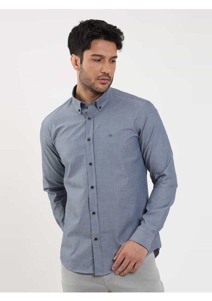 Açık Lacivert Erkek Regular Fit Melanj Desenli Düğmeli Yaka Uzun Kol Gömlek - 95053 fırsatları