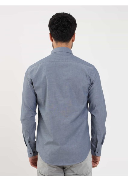 Açık Lacivert Erkek Regular Fit Melanj Desenli Düğmeli Yaka Uzun Kol Gömlek - 95053 indirimleri