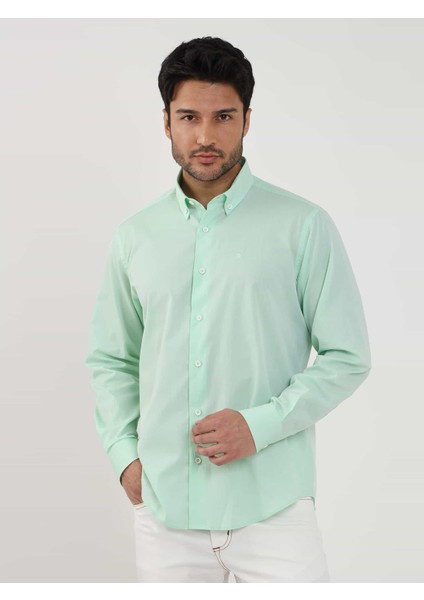 Yeşil Erkek Regular Fit Düz Brent Düğmeli Yaka Uzun Kol Gömlek - 102194