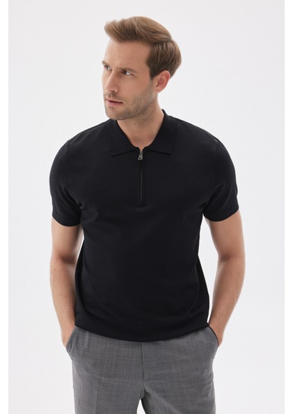 Lımıted Erkek Düz Fermuarlı Polo Yaka Rayon Triko Tişört Siyah modelleri