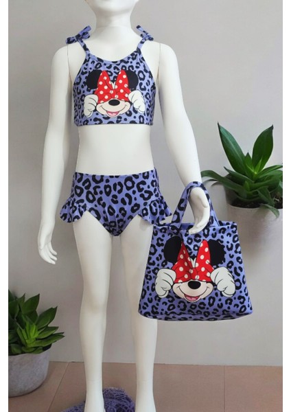 Urz Kids Lila Kız Çocuk Leopar Desenli Minnie Mouse Karakter Baskılı Bikini Kız Çocuk Plaj Çantalı Bikini