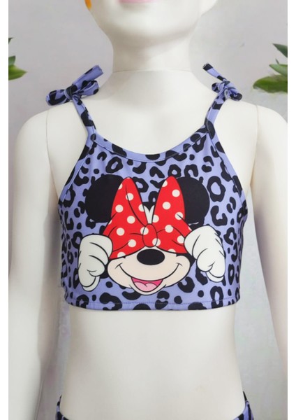 Urz Kids Lila Kız Çocuk Leopar Desenli Minnie Mouse Karakter Baskılı Bikini Kız Çocuk Plaj Çantalı Bikini