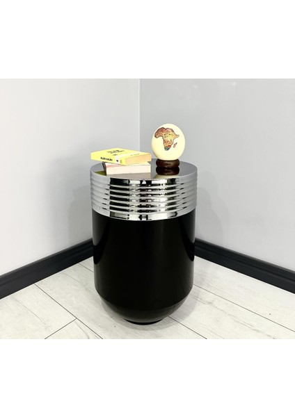 Elegant Dekoratif Krom Darbuka Parlak Siyah Sehpa 60 cm