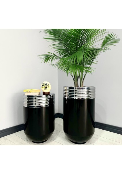 Elegant Dekoratif Krom Darbuka Parlak Siyah Saksı 70 cm + Sehpa 60 cm İkili Set