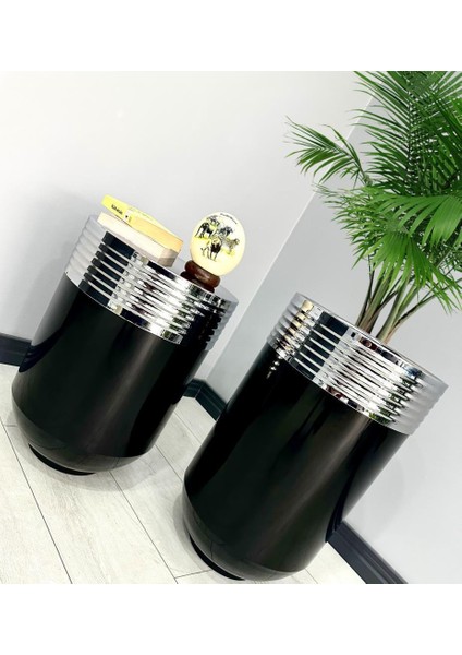 Elegant Dekoratif Krom Darbuka Parlak Siyah Saksı 70 cm + Sehpa 60 cm İkili Set fiyatları