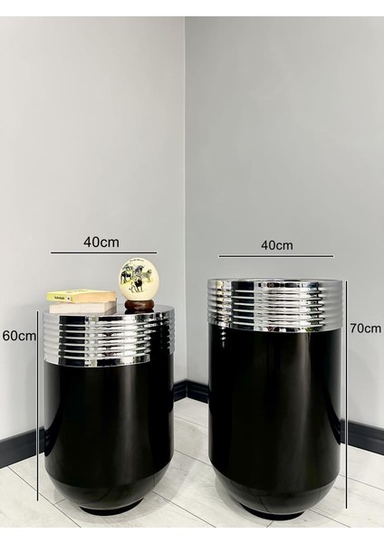 Elegant Dekoratif Krom Darbuka Parlak Siyah Saksı 70 cm + Sehpa 60 cm İkili Set modelleri