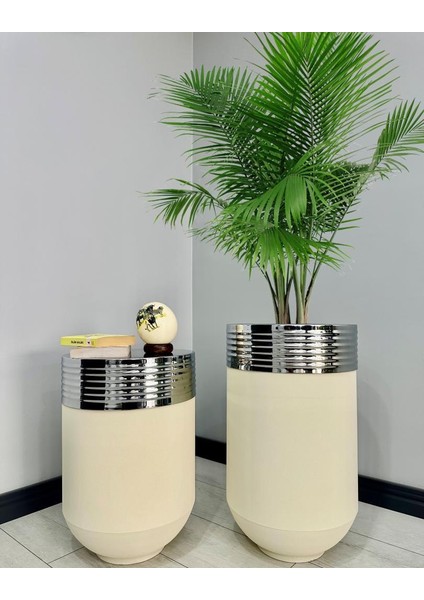 Elegant Dekoratif Krom Darbuka Krem Saksı 70 cm + Sehpa 60 cm İkili Set