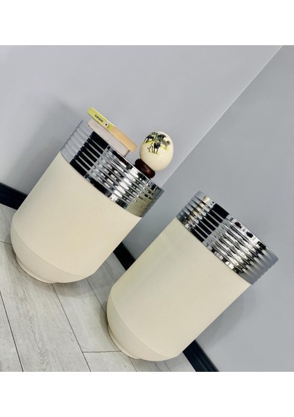 Elegant Dekoratif Krom Darbuka Krem Saksı 70 cm + Sehpa 60 cm İkili Set modelleri
